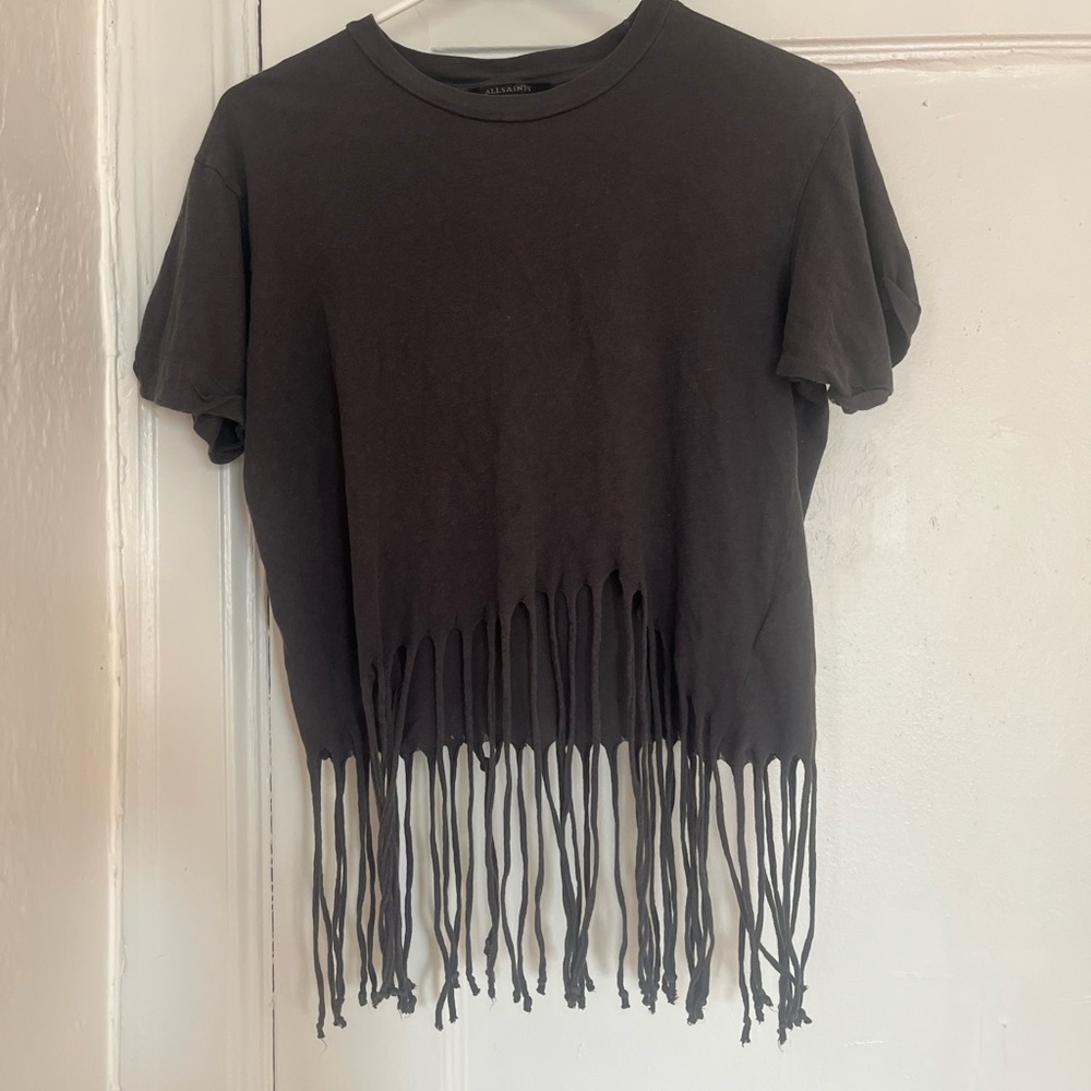 All Saints Fringe Hem Black T-Shirt